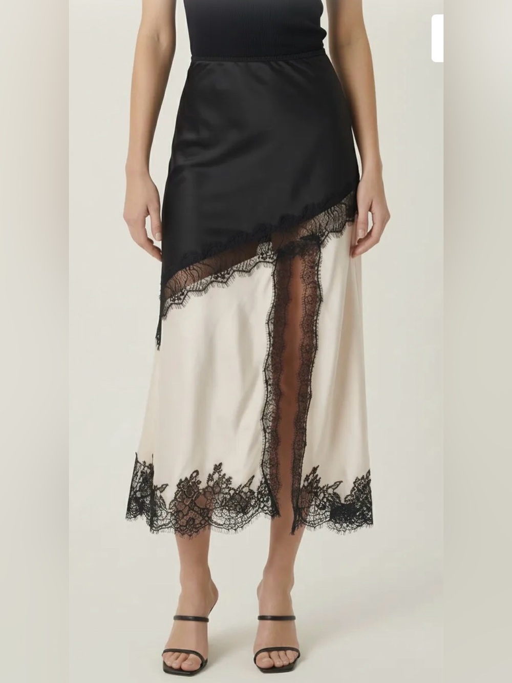 Modenaire Lace Trim Asymmetric Satin Midi Skirt with Contrast Panel NWT $101 M
